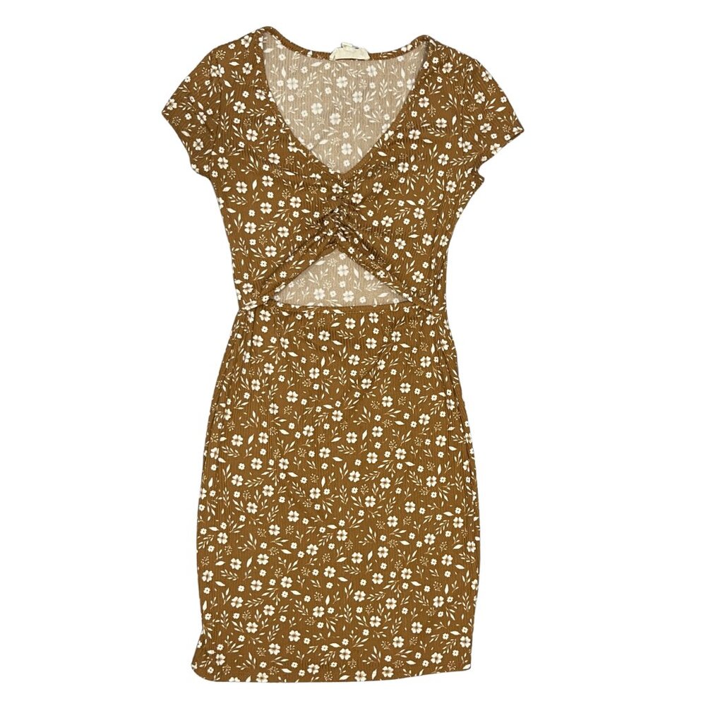 Women’s Brown Floral Cutout Dress Short Sleeve Boho Cottagecore Summer Size M